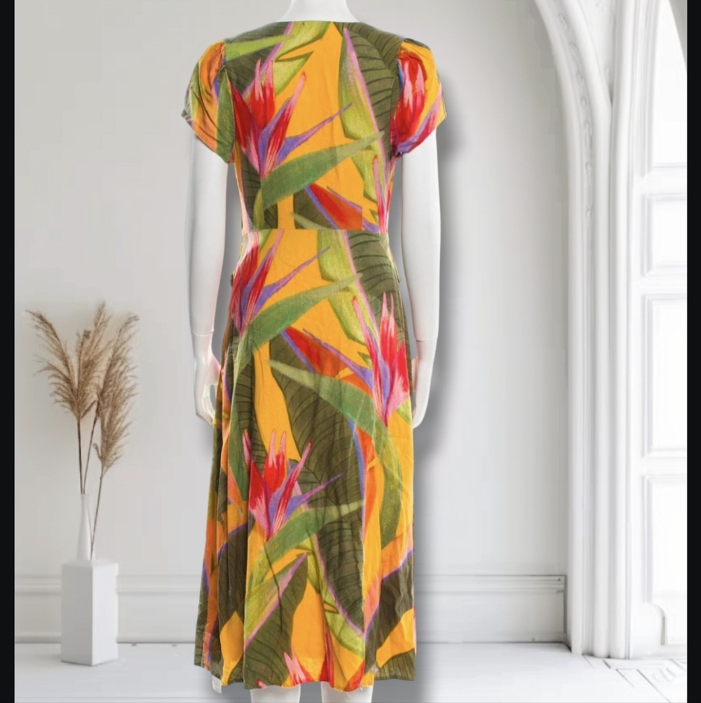 Farm Rio Dress - Yellow Garden Linen Midi Maxi Tropical Palm - Picture 9 of 10